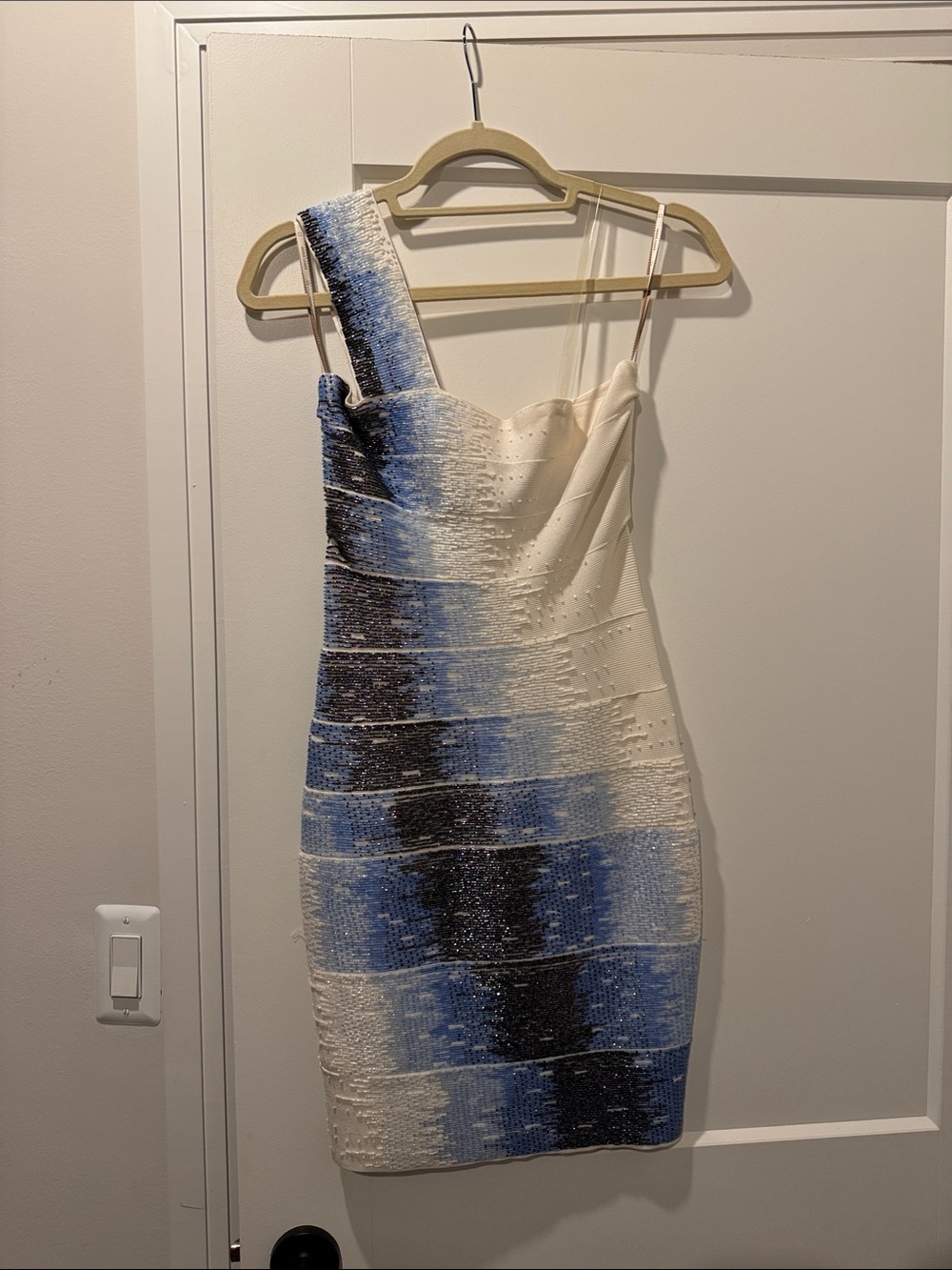 Herve Leger Blue and White One-Shoulder Sequin Bandage Dress- only worn once